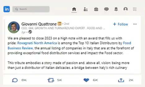 Rovagnati North America recognition