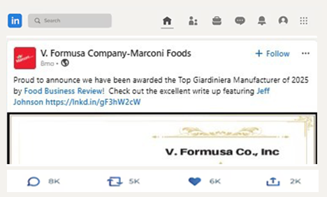 V. Formusa Company-Marconi Foods recognition